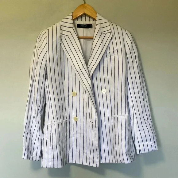 NWOT Ralph Lauren 100% linen  white blue striped striped double breasted blazer - Picture 1 of 8